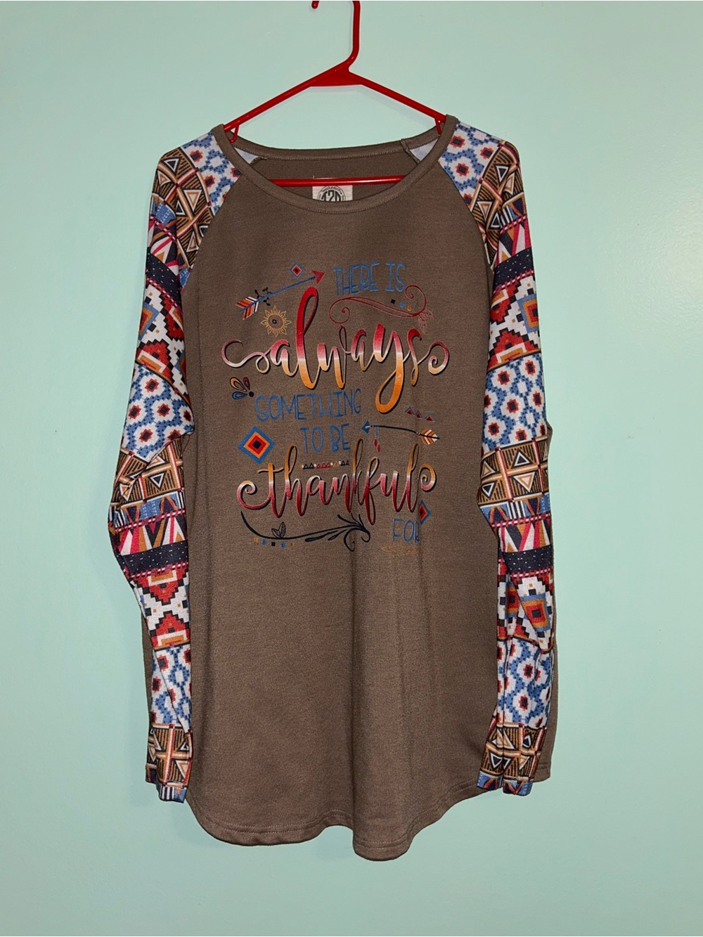 Brown Graphic Raglan Long Sleeve Tee with Patterned Sleeve Accents XL